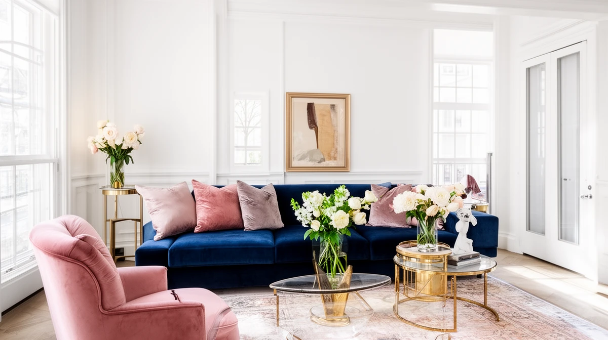 Navy blue and warm color combinations in modern interior design