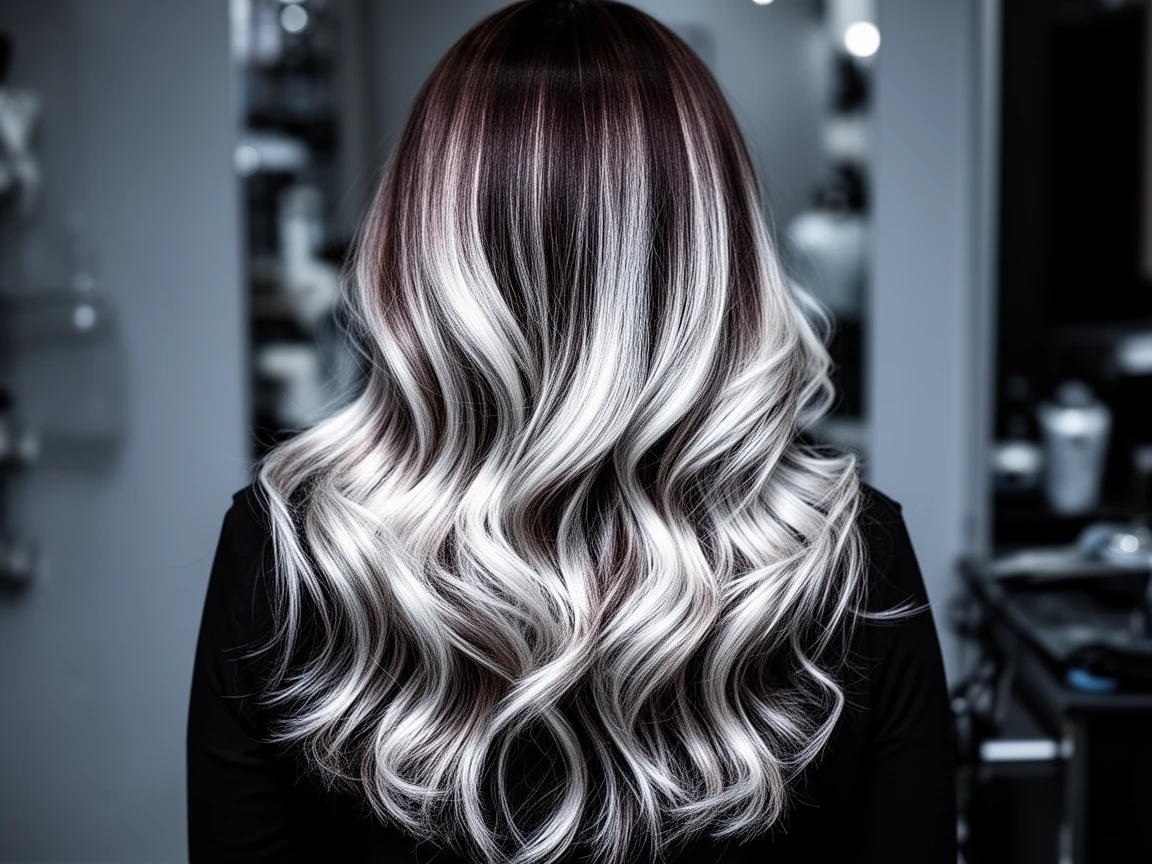 Deep Winter balayage with icy platinum highlights on dark base
