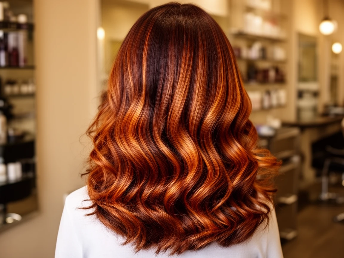 True Autumn balayage - rich chocolate brown with copper and caramel highlights showing dimension and warm tones