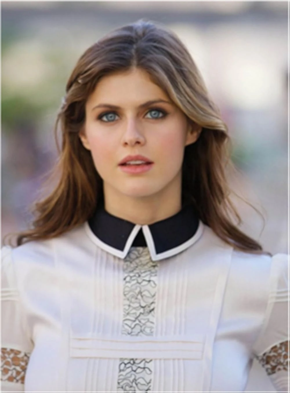Alexandra Daddario wearing cool jewel-toned gowns with sharp contrast, showcasing glacier blue, raspberry, graphite, arctic white, and ultra black from the Cool Winter palette.
