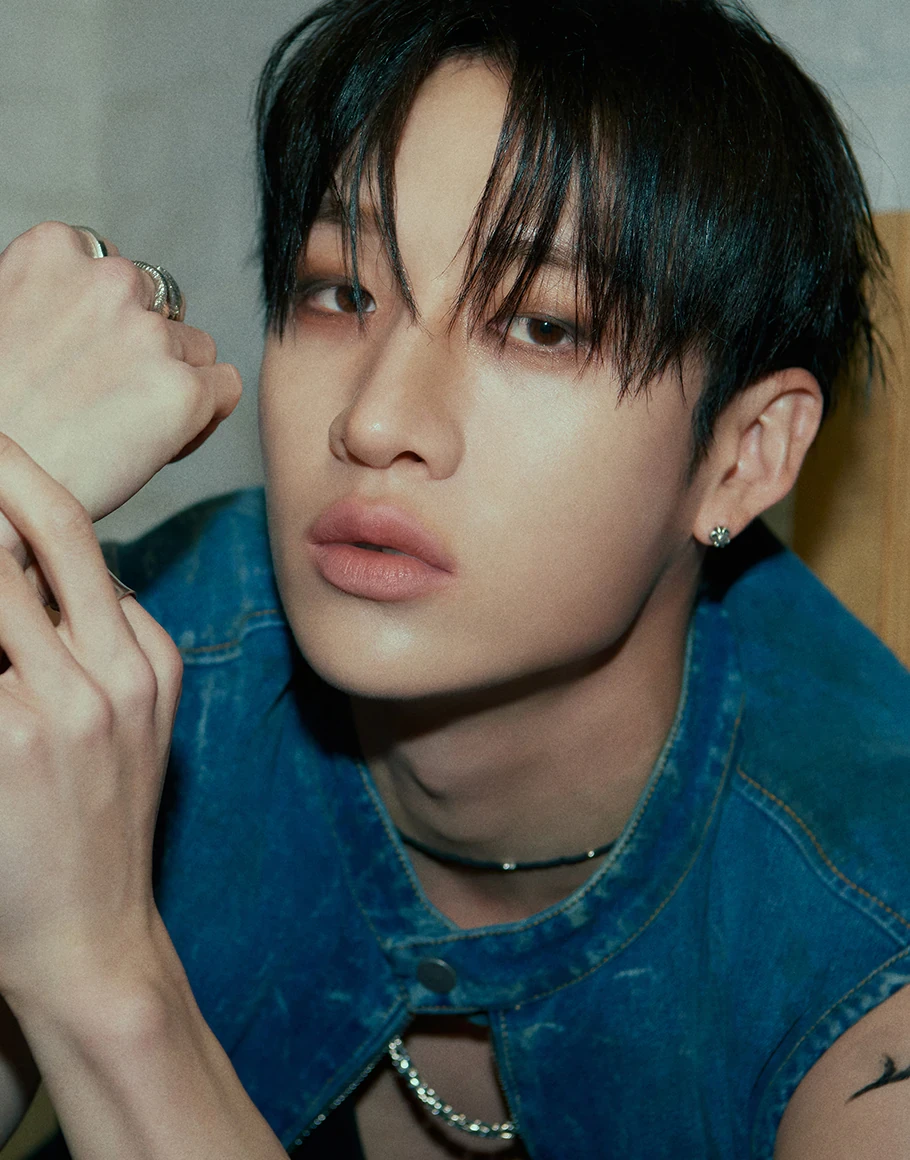 Editorial gallery of Bang Chan (Stray Kids) styled in neutral winter outfits highlighting sapphire, burgundy, and smoked grays, highlighting steel blue, cranberry, optic white, graphite, and imperial purple.