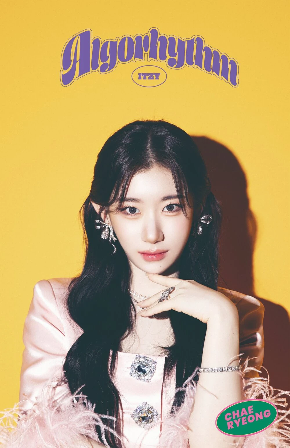 Editorial gallery of Chaeryeong (ITZY) styled in vibrant winter looks mixing neon brights, sharp blacks, and metallic shine, highlighting fuchsia, royal blue, silver chrome, acid lime, and deep plum.