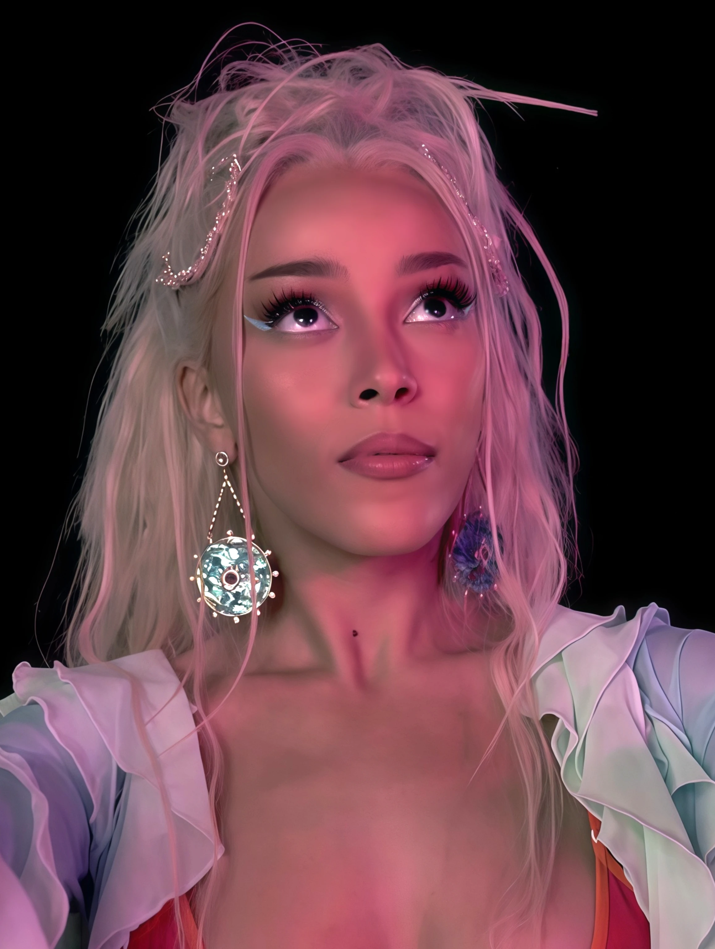 Doja Cat wearing jewel-toned statement dressing with crisp contrast and sparkle, showcasing magenta, chrome, optic white, ultraviolet, and blood red from the Bright Winter palette.