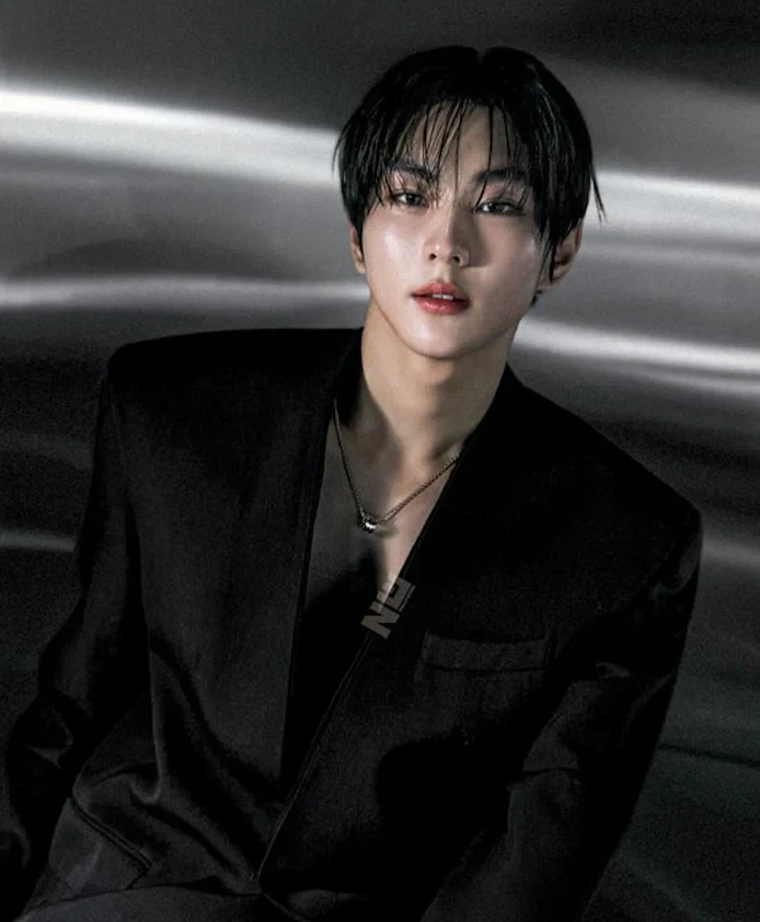 Editorial gallery of Jungwon (ENHYPEN) styled in deep winter looks featuring sapphire, garnet, and chrome accents, highlighting midnight navy, crimson, amethyst, gunmetal, and snow white.