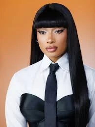 Editorial gallery of Megan Thee Stallion styled in bold winter ensembles mixing neon pops, inky black, and chrome sparkle, highlighting electric teal, chrome, violet, crimson, and black.