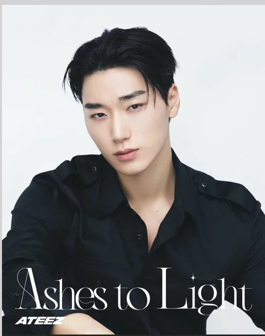 Editorial gallery of San (ATEEZ) styled in deep winter looks featuring sapphire, garnet, and chrome accents, highlighting midnight navy, crimson, amethyst, gunmetal, and snow white.