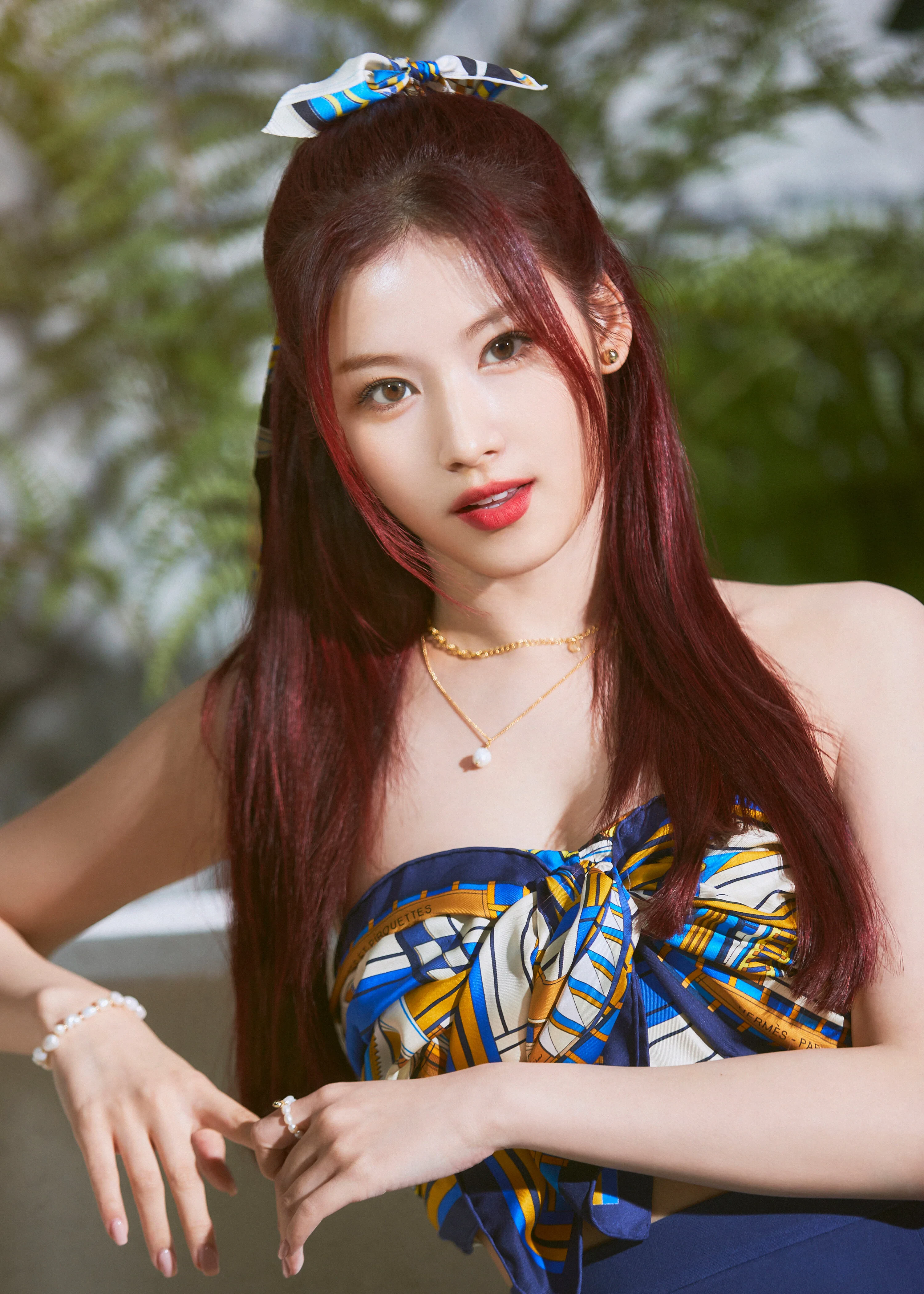 Editorial gallery of Sana (TWICE) styled in neutral winter outfits highlighting sapphire, burgundy, and smoked grays, highlighting steel blue, cranberry, optic white, graphite, and imperial purple.